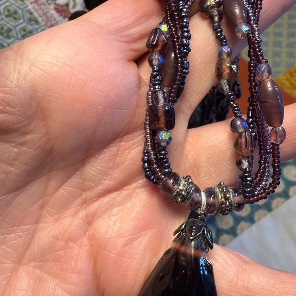 Boho Multi-Strand Purple Beaded Necklace w/ Large Purple Teardrop Pendant - Picture 10 of 10